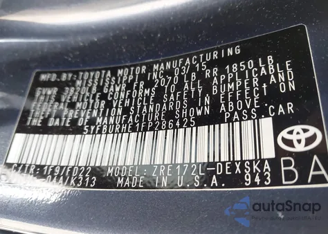 2015 Toyota Corolla S Plus из США, поврежденный, VIN 5YFBURHE1FP286425